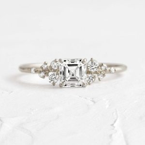 0.62CT Asscher & Round Cut VVS Moissanite S925 Silver Engagement Ring