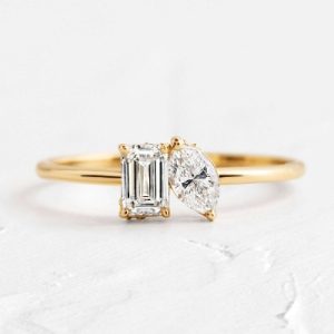 0.5CT Emerald & Marquise  Cut VVS Moissanite S925 Silver Engagement Ring