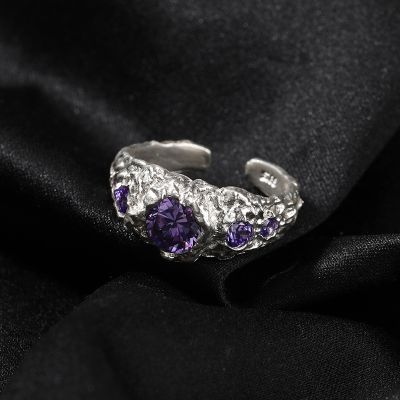 S925 Sterling Silver Purple Stone Irregular Open Ring