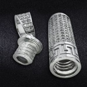 Cylindrical Swastika Carved Urn Pendant in White Gold