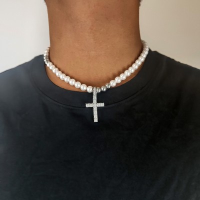 8mm Pearls Cross Pendant Necklace