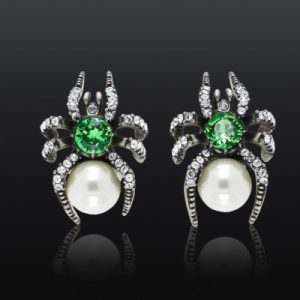 Spider Pearl & Emerald Green Diamond Stud Earrings