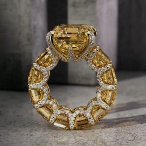 5Ct Stunning Fancy Yellow Emerald Cut Pave Ring in Gold