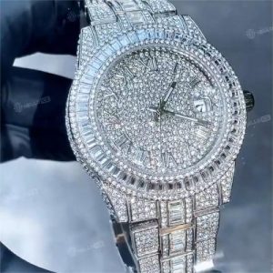 Iced Baguette Cut Roman Numerals Men's Watch in White Gold