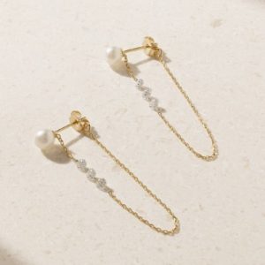 Pearl Diamond Long Drop Chain Earrings