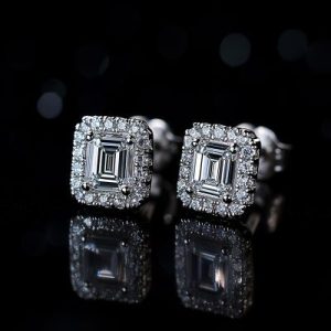 Baguette Cut Halo Stud Earrings