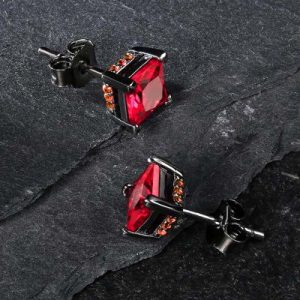 Red Stone Stud Earrings in Black Gold