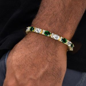Iced Out White&Emerald Oval Stone Bracelet in Gold Plating