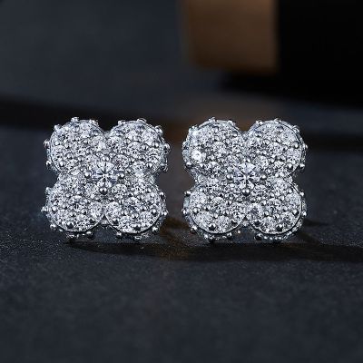 925S & VVS Moissanite 10mm Micro Paved Four Leaf Clover Stud Earrings