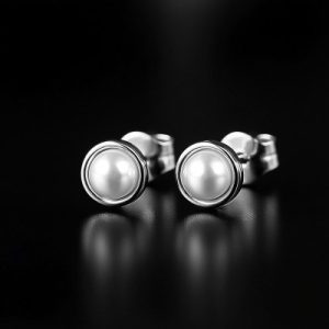 6mm/8mm Bezel-set White Freshwater Pearl Stud Earrings
