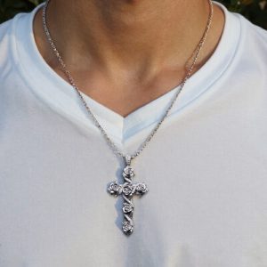 Iced Rose Cross Pendant