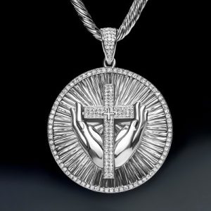 Iced Praying Hands Cross Round Pendant