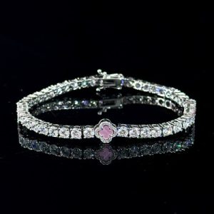 Iced Pink Four Leaf Clover Tennis Bracelet