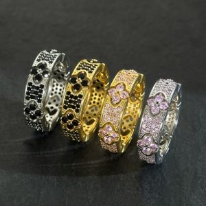 Iced Micro Paved Black Stone Four Leaf Clover Ring