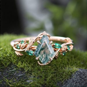1.38CT Kite Cut Moss Agate Emerald Foliage S925 Silver Engagement Ring