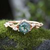 1.12CT Hexagon Moss Agate & Marquise Moissanite Nature Inspired S925 Silver Engagement Ring