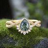 1.53CT Pear Cut Moss Agate & Round Cut Moissanite S925 Silver Twisted Pavé Shank Engagement Ring
