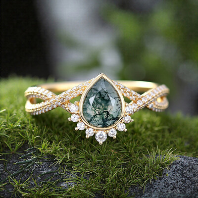 1.53CT Pear Cut Moss Agate & Round Cut Moissanite S925 Silver Twisted Pavé Shank Engagement Ring