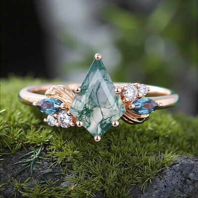 1.44CT Kite Cut Moss Agate & Round Cut Moissanite S925 Silver Nature Inspired Cluster Engagement Ring