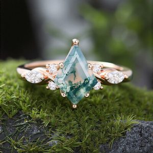 1.38CT Kite Cut Moss Agate With Moissanite Side Stone S925 Silver Engagement Ring