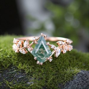 1.54CT Kite Cut Moss Agate & Round Cut Moissanite S925 Silver Nature Themed Engagement Ring
