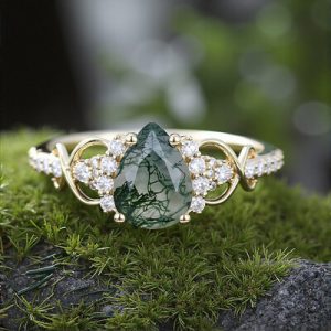 1.89CT Pear Cut Moss Agate & Round Cut Moissanite S925 Silver Infinity Promise Engagement Ring