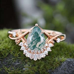 2.1CT Pear Cut Moss Agate & Round Cut Moissanite S925 Silver With Twisted Twig Shank Engagement Ring