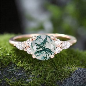 1.18CT Round Cut Moss Agate & Round Cut Moissanite S925 Silver Accent Promise Engagement Ring