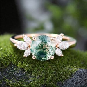 1.24CT Round Cut Moss Agate & Marquise Cut Moissanite S925 Silver Engagement Ring