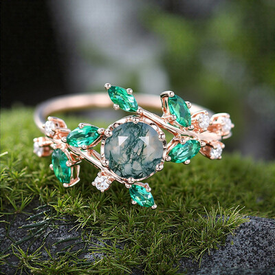 1.21CT Round Cut Moss Agate & Marquise Cut Diamond S925 Silver Nature Themed Promise Engagement Ring