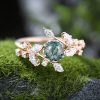 1.21CT Round Cut Moss Agate & Marquise Cut Moissanite S925 Silver Promise Engagement Ring