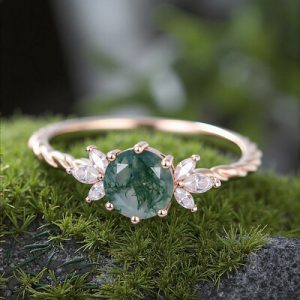 1.24CT Round Cut Moss Agate & Marquise Cut Moissanite S925 Silver Twisted Band Engagement Ring