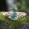 1.06CT Round Cut Moss Agate & Moissanite S925 Silver Leaf Engagement Ring