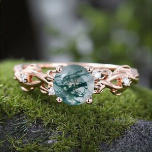 1.06CT Round Cut Moss Agate & Moissanite S925 Silver Leaf Engagement Ring