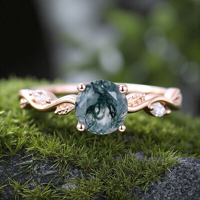 1.06CT Round Cut Moss Agate & Marquise Cut Moissanite S925 Silver Nature Inspired Promise Engagement Ring