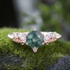1.125CT Round Cut Moss Agate &  Moissanite S925 Silver V Shaped Engagement Ring