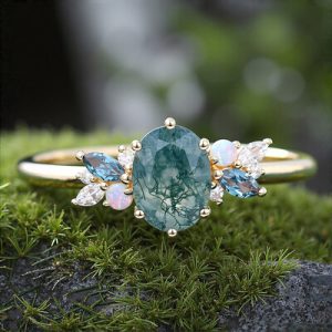 1.97CT Oval Cut Moss Agate Mixed Gemstones Cluster S925 Silver Engagement Ring