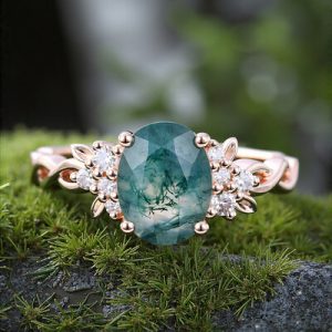 2.02CT Oval Cut Moss Agate & Round Cut Moissanite S925 Silver With Braid Band Engagement Ring