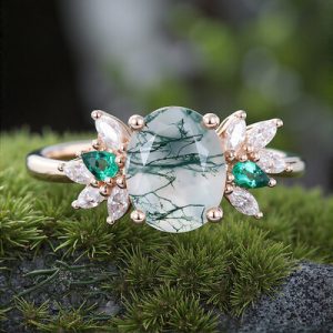 1.81CT Oval Cut Moss Agate With Cluster Flanks S925 Silver Engagement Ring