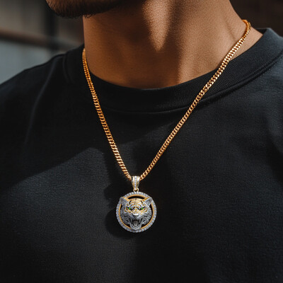 Two-tone Roaring Tiger Head Round Pendant