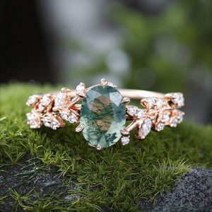 1.95CT Oval Cut Moss Agate & Round Cut Moissanite S925 Silver Nature Themed Engagement Ring
