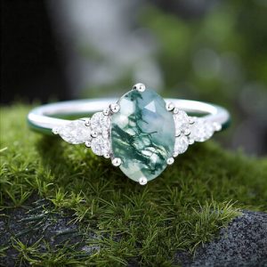 1.74CT Oval Cut Moss Agate Classic Side Stone Promise S925 Silver Engagement Ring