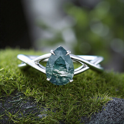 1.2CT Pear Cut Moss Agate S925 Silver Crossover Shank Engagement Ring