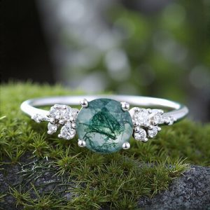 1.5CT Round Cut Moss Agate & Moissanite S925 Silver Flip Snowdrift Engagement Ring