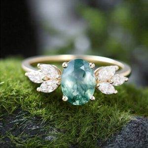 1.74CT Oval Cut Moss Agate & Marquise Cut Moissanite S925 Silver Engagement Ring