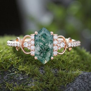 1.826CT Elongated Hexagon Cut Moss Agate & Round Cut Moissanite S925 Silver Infinity Promise Engagement Ring