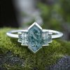1.67CT Elongated Hexagon & Baguette Cut Moss Agate Art Deco Engagement Ring