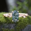 1.26CT Elongated Hexagon Cut Moss Agate & Marquise Cut Moissanite S925 Silver Nature Inspired Promis Engagement Ring