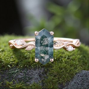 1.26CT Elongated Hexagon Cut Moss Agate & Marquise Cut Moissanite S925 Silver Nature Inspired Promis Engagement Ring