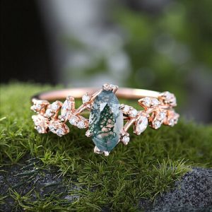 1.28CT Marquise Cut Moss Agate & Round Cut Moissanite S925 Silver Engagement Ring